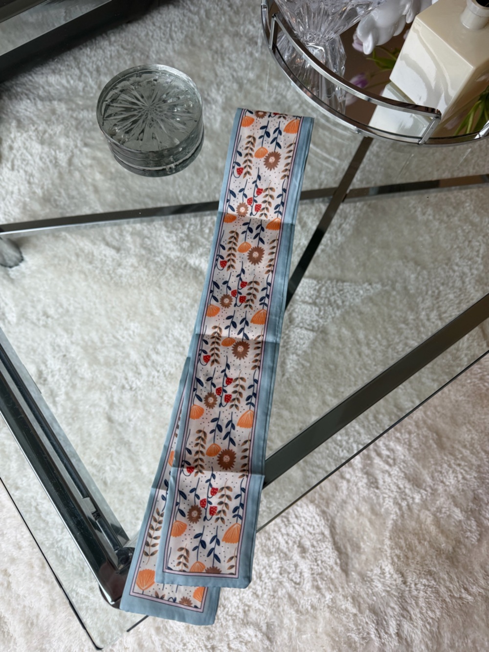 Floral Skinny Scarf in Light Blue and Cream